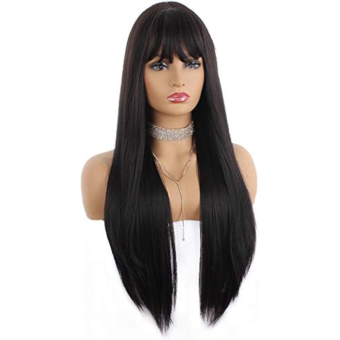 DILLARDS Relas Dark Brown Wig With Bangs #4 For Women Long Straight Heat-Resistant Synthetic Hair Wig Costume Party Daily Wear 24Inch - Image 3